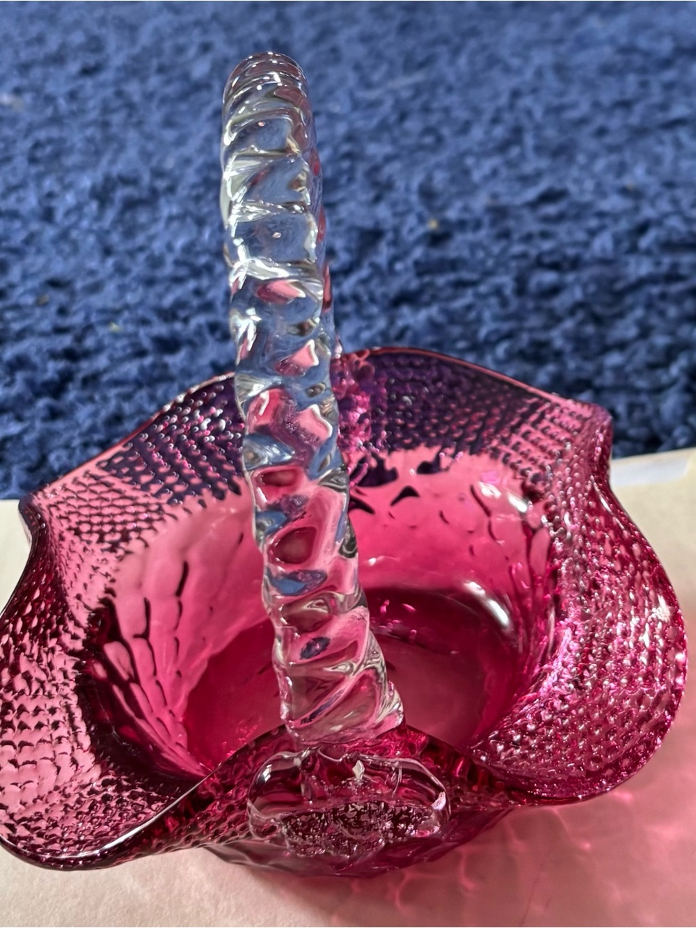 Fenton Art Diamond Optic Cranberry Basket. Handblown. Twisted Clear Handle MINT